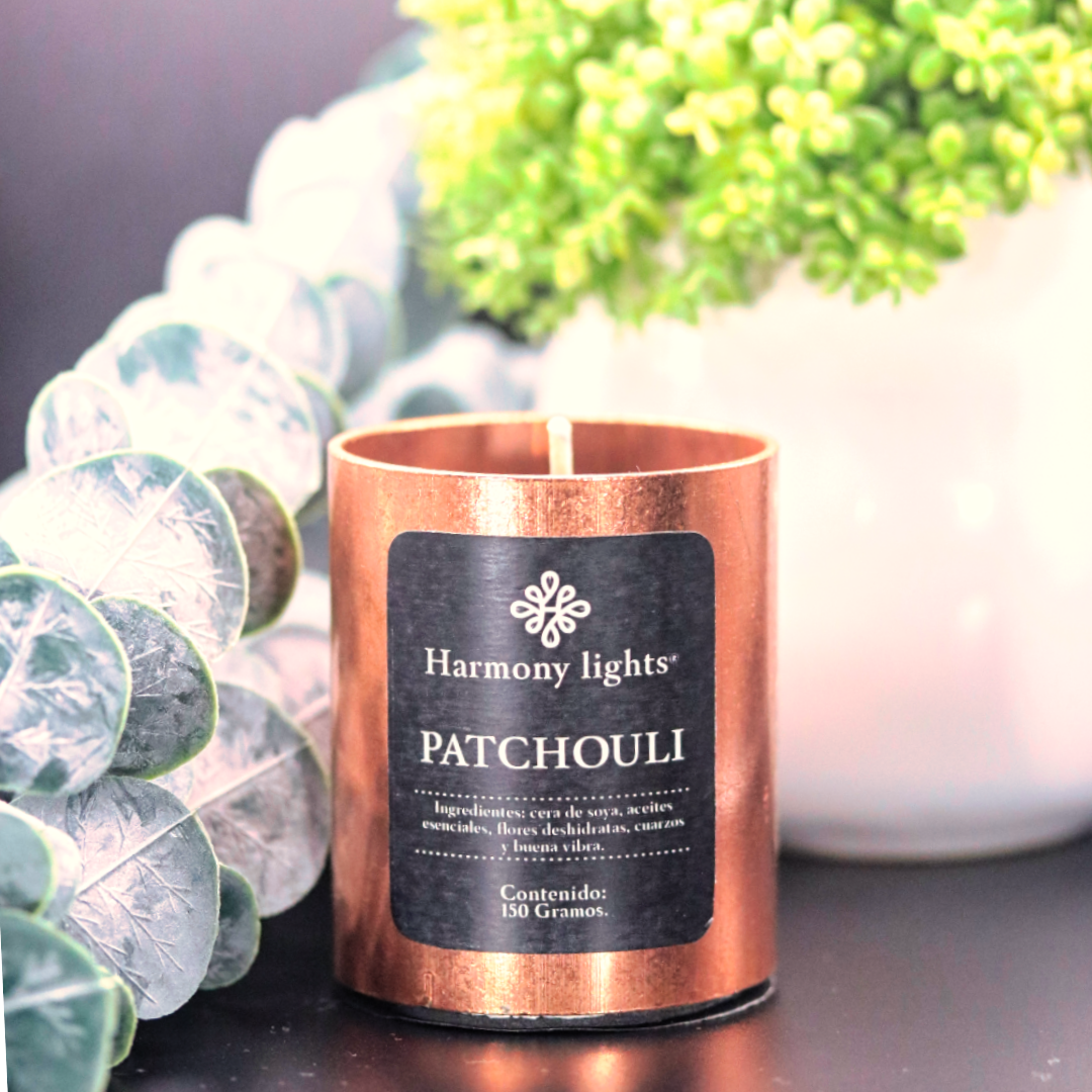 Vela de cera de soya orgánica en oferta con aroma a patchouli